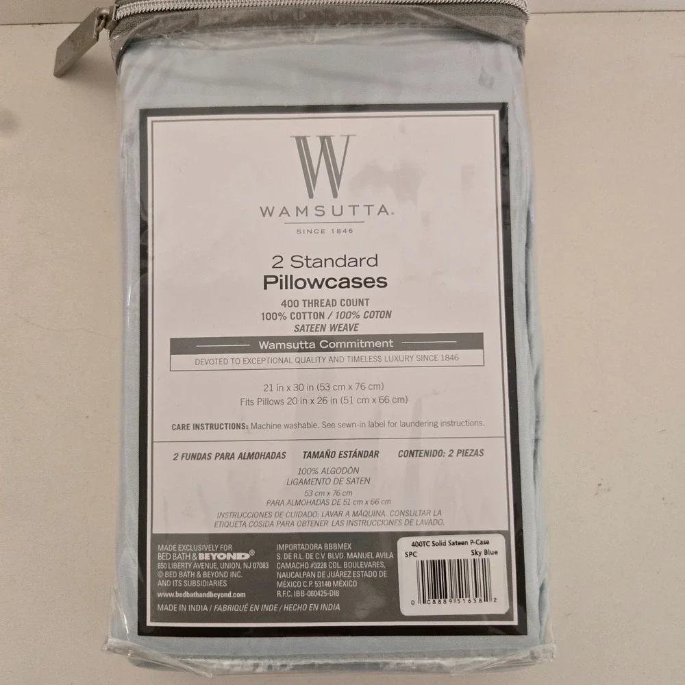 Wamsutta 2 Standard Pillowcases 400 TC Solid Sateen Sky Blue NEW